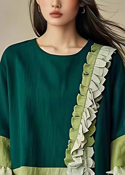 Unique Green Ruffled Front Open Cotton Top Flare Sleeve Spring