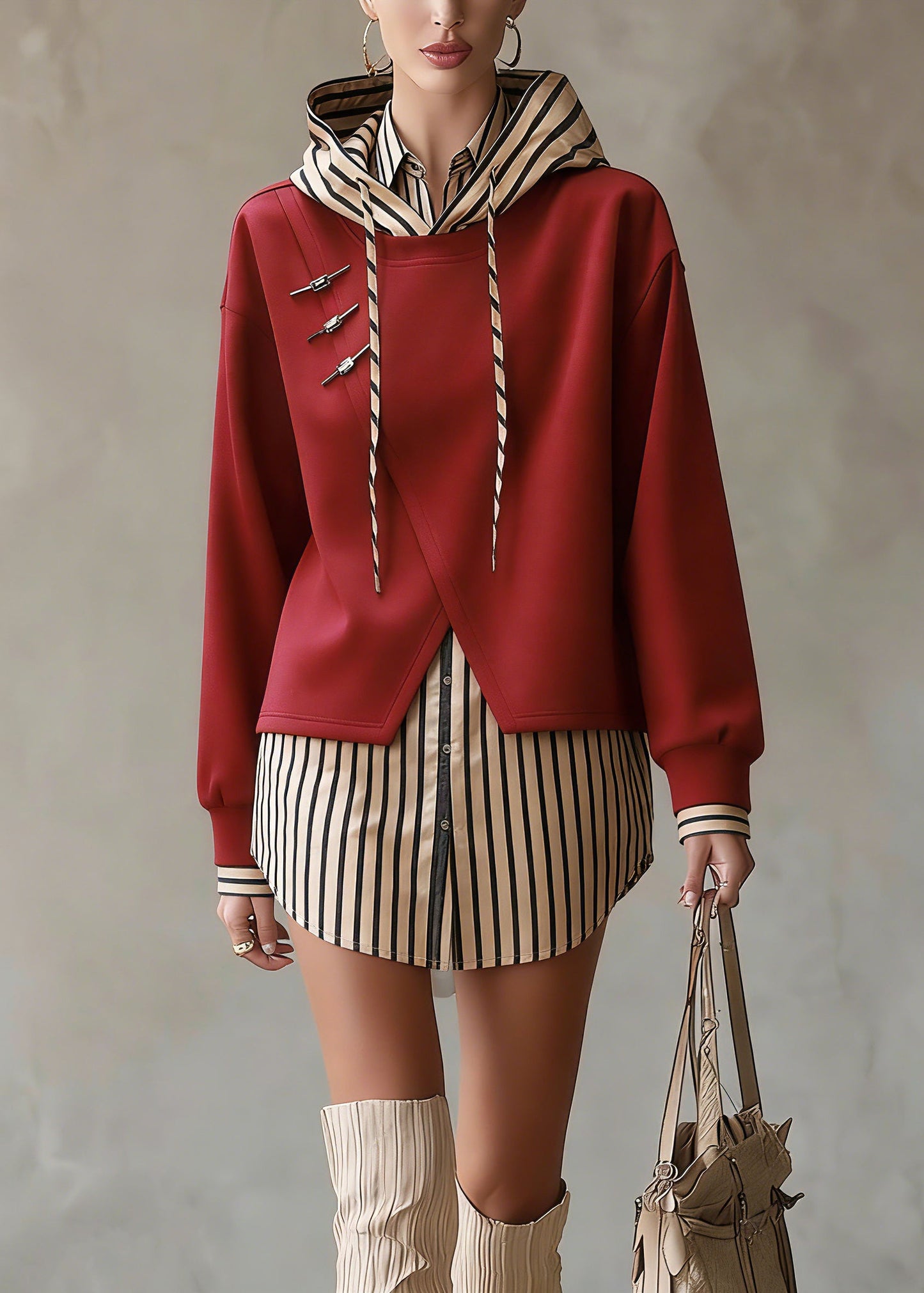 Unique Red Hooded Patchwork False Two Pieces Cotton Top Spring