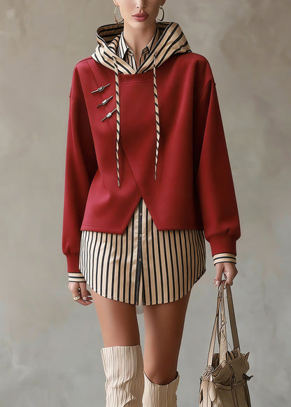 Unique Red Hooded Patchwork False Two Pieces Cotton Top Spring