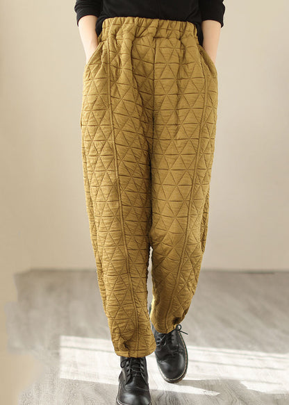 Yellow Pockets Plaid Patchwork Fleece Pants Winter