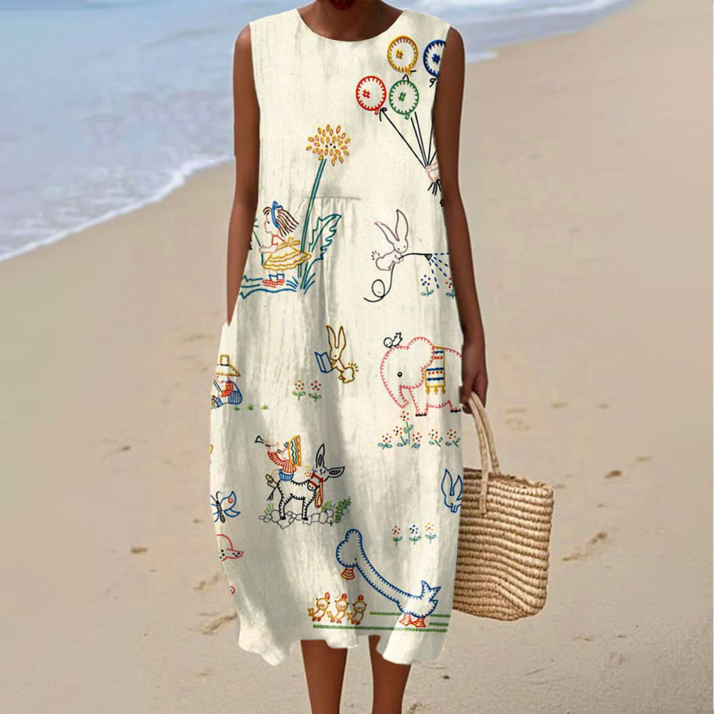 Comstylish Women's Retro Cute Dogs And Elephant Art Print Sleeveless Dress