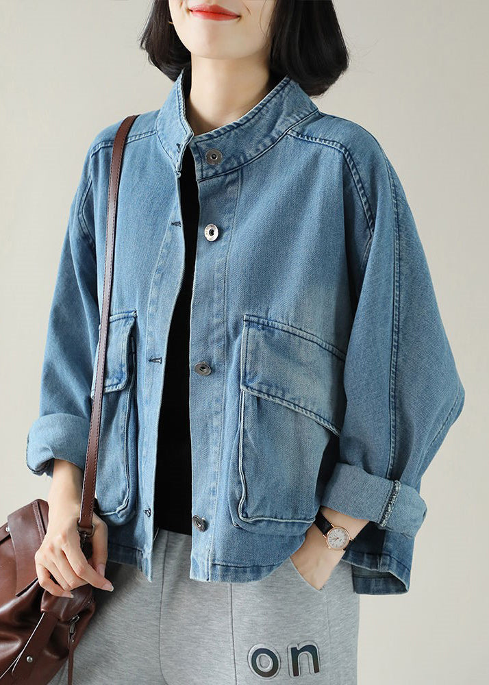 Blue Stand Collar Button Big Pockets Denim Coat Long Sleeve