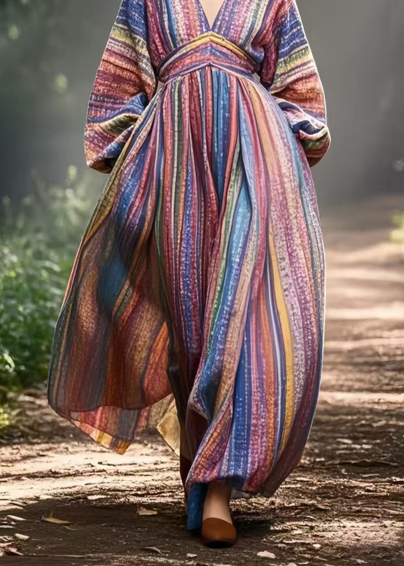 Colorblock V Neck Striped Cotton Vacation Dresses Spring