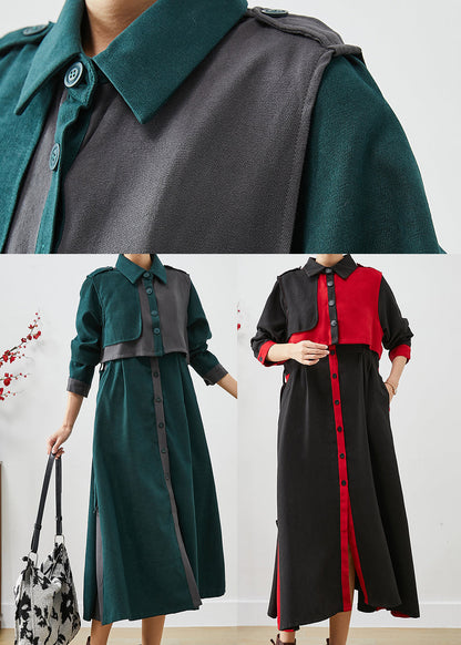 Red Patchwork Cotton Dress and Vest Two Pieces Set Tie Waist Fall