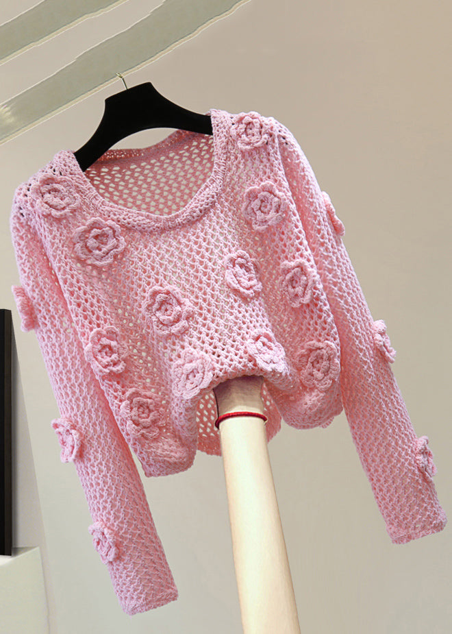 Brief Pink Hollow Out Cotton Knit Sweaters Spring