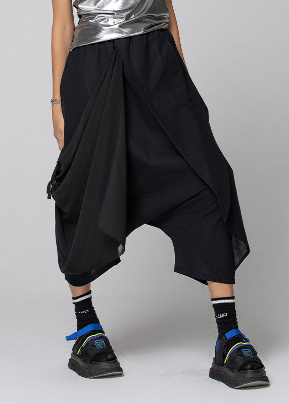 Black Asymmetrical Patchwork Chiffon Crop Pants Spring