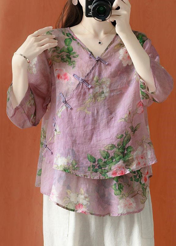 Purple Asymmetrical Print Cotton Blend Blouses Half Sleeve