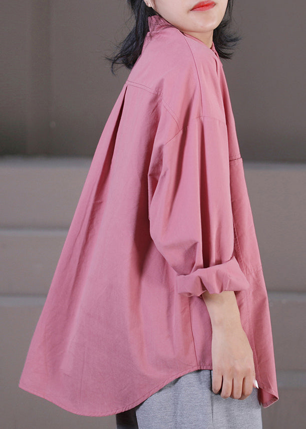 Pink Peter Pan Collar Button Pockets Shirts Long Sleeve