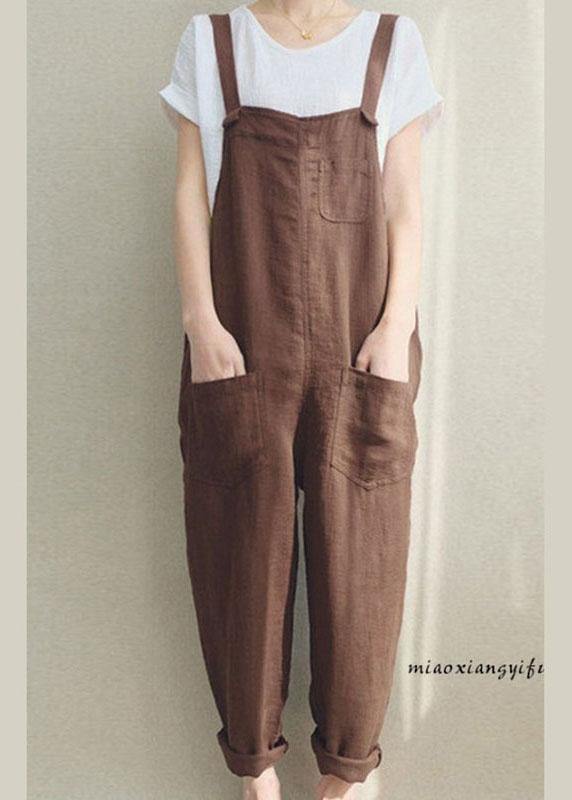 Color Cotton Strappy Pocket Loose Harem Jumpsuit