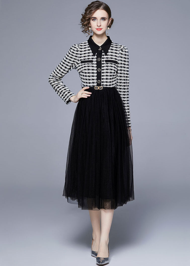 Black Peter Pan Collar Patchwork Tulle Cinch Dress Spring