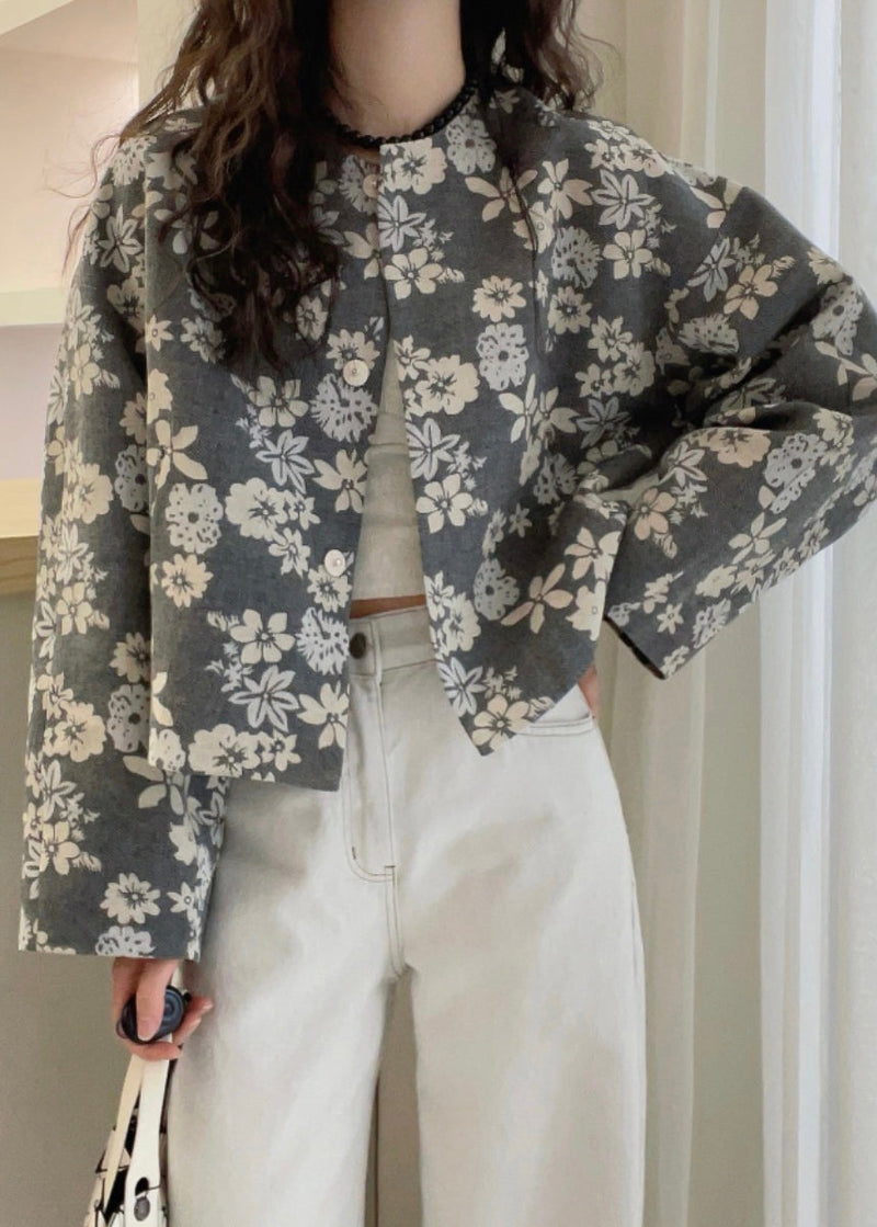 French Grey O Neck Print Cotton Jacket Fall