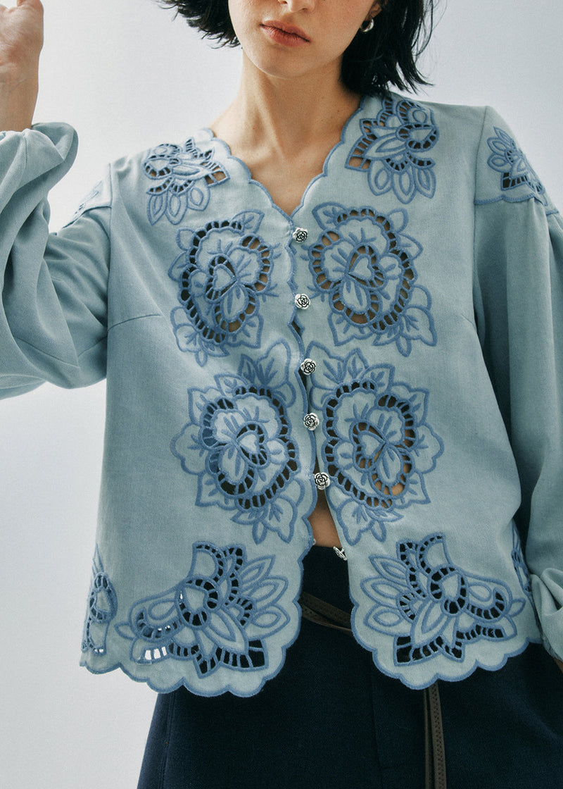 French Blue V Neck Hollow Out Cotton Shirt Top Fall