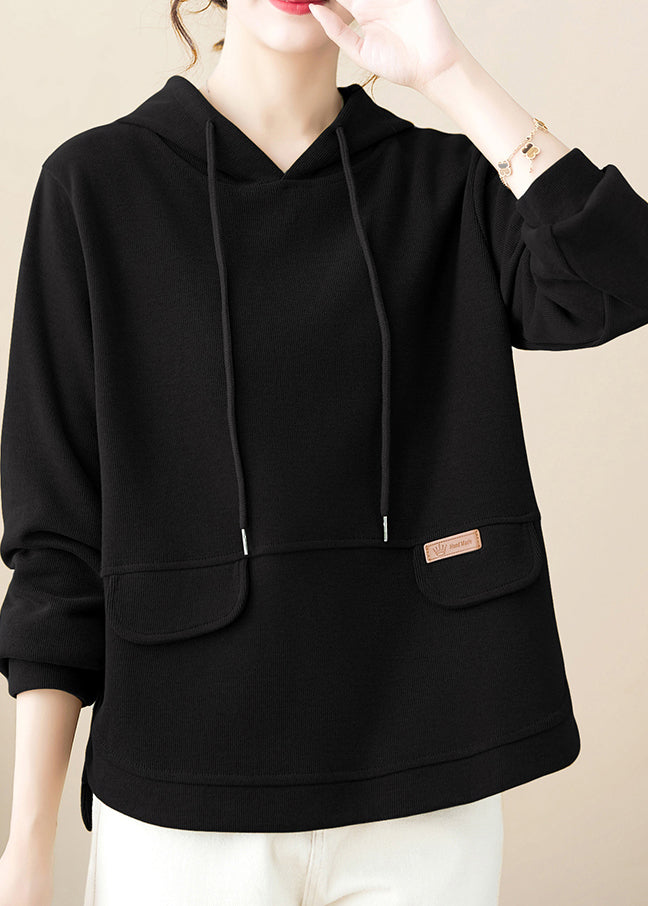 Black Hooded Cotton Pullover Fall