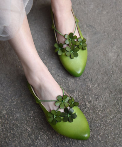 Splicing Flat Shoes Pointed Toe Green Cowhide Leather