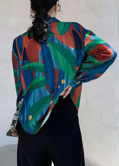 Blue Peter Pan Collar Print Button Cotton Blouses Fall
