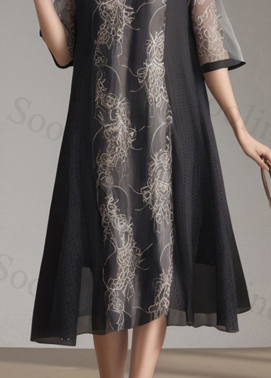 Black O Neck Print Patchwork Silk Dress Summer