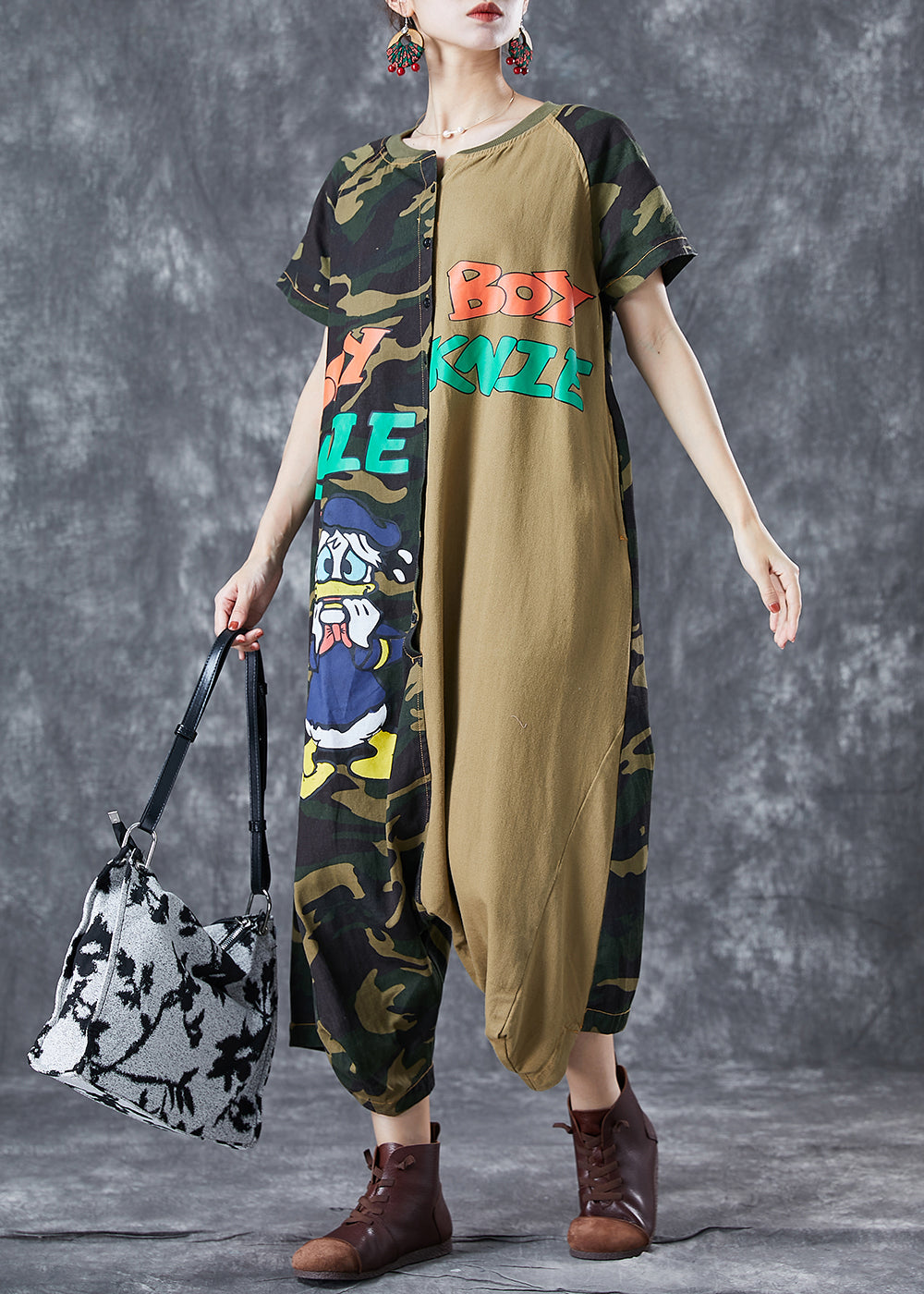 Camouflage Oversized Patchwork Appliques Cotton Jumpsuits Summer