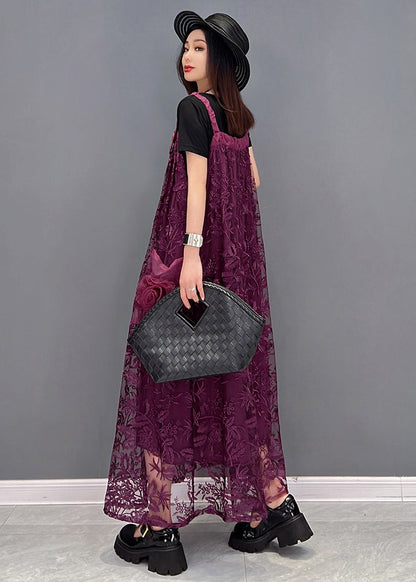 Boutique Purple Big Pockets Patchwork Lace Strap Long Dress Summer
