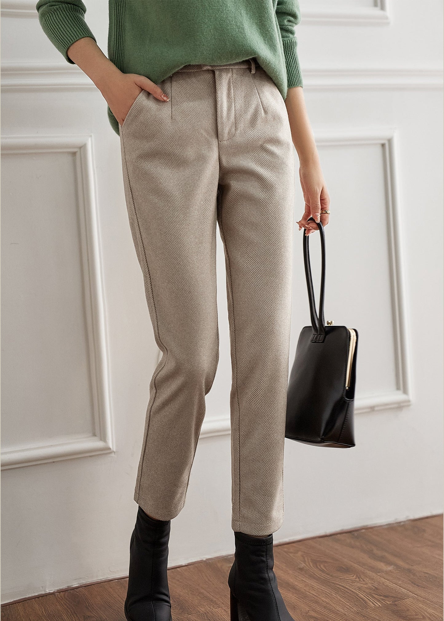 Beige Button Pockets Zippered Woolen Straight Pants Fall