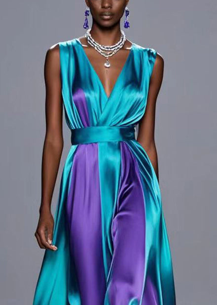 Dull Green Cinched Patchwork Silk Vacation Dresses Sleeveless Summer