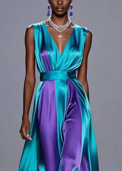 Dull Green Cinched Patchwork Silk Vacation Dresses Sleeveless Summer