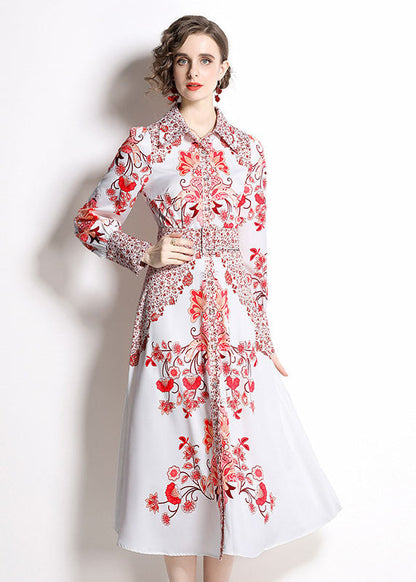 Red Print Peter Pan Collar Chiffon Cinch Dress Fall