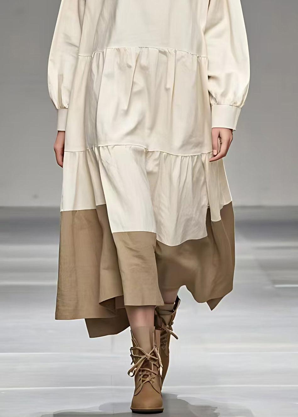 Beige Peter Pan Collar Patchwork Maxi Dress Fall