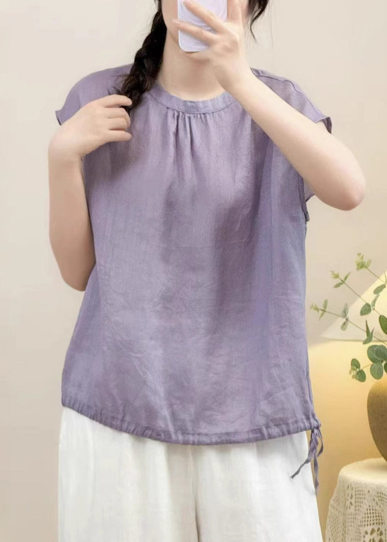 Purple Lace Up Linen Summer Shirts O Neck