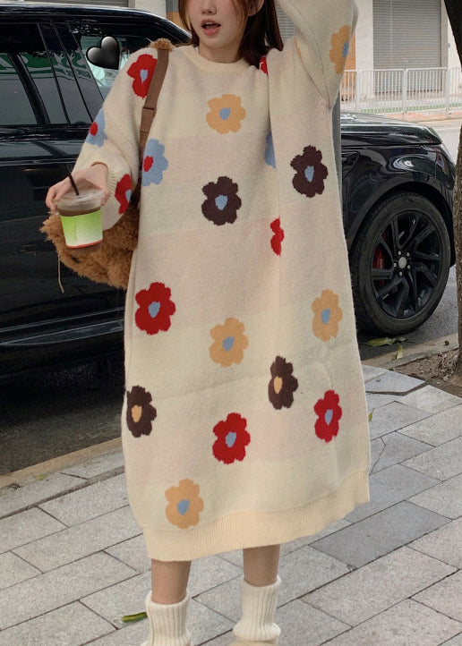 Beige O Neck Long Knit Sweaters Dress Winter