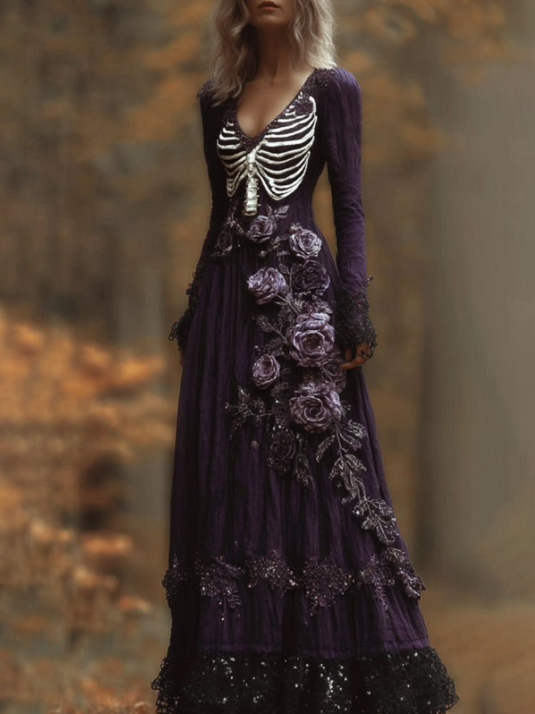 Comstylish Women's Halloween Skeleton Rose Night Purple V-neck Long Sleeved Vintage Dress