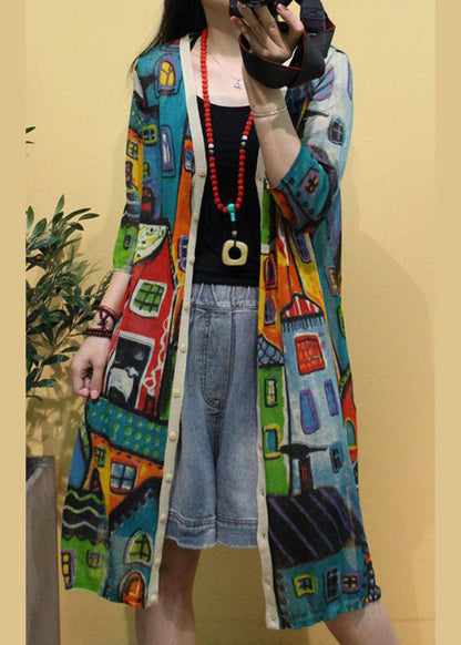 Beige V Neck Print Side Open Fall Knit Long Sleeve Cardigans