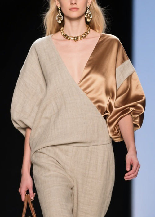 Asymmetrical Silk Patchwork Linen Jumpsuit Batwing Sleeve