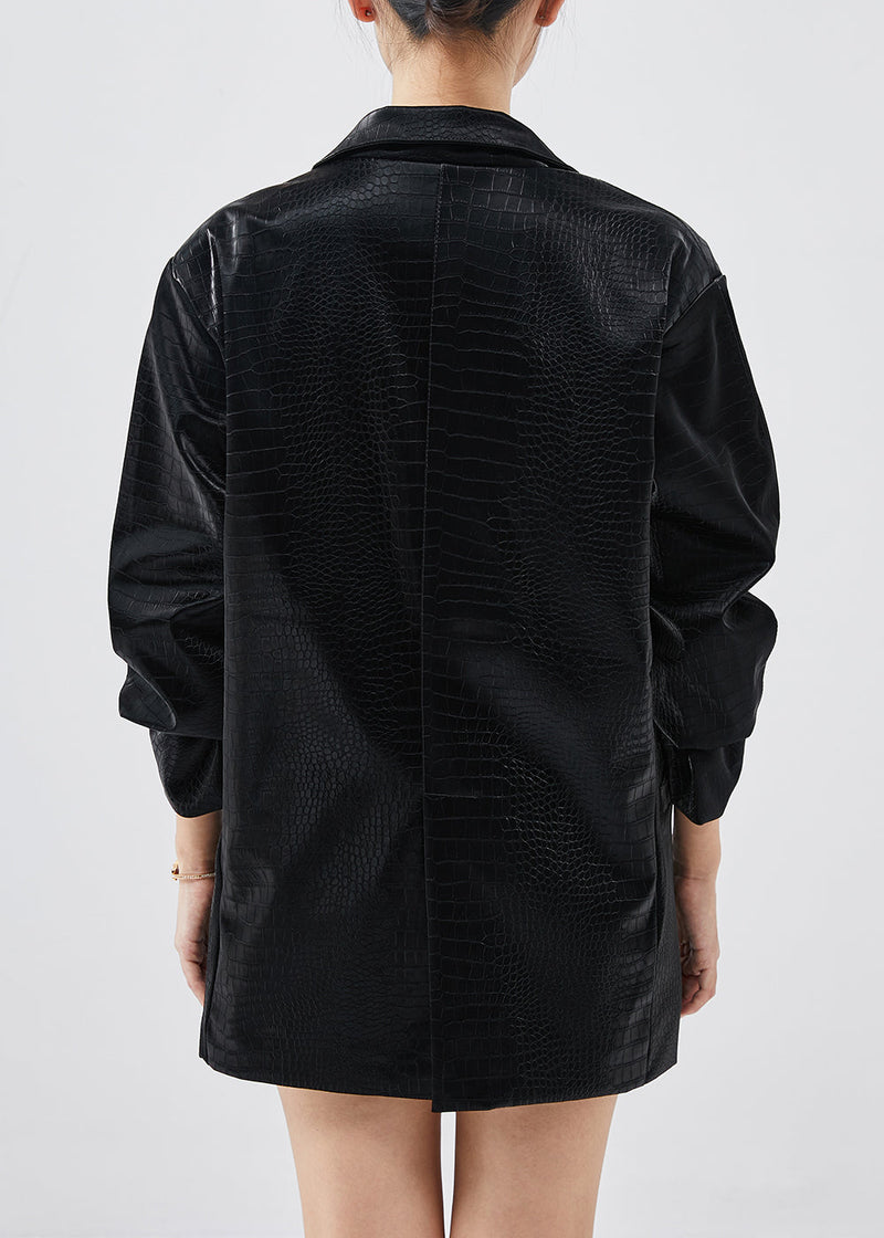 Black Faux Leather Jacket Oversized Metal Chain Spring