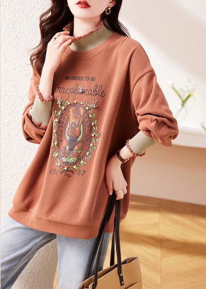 New Pink Ruffled Nail Bead Print Warm Fleece Sweatshirt Winter
