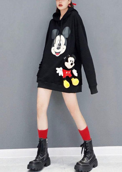 Unique Black Hooded Print Fall Sweatshirts Top