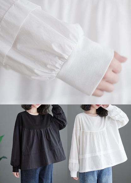 Black O Neck Patchwork Cotton Shirt Tops Spring