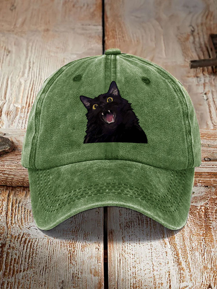 Japanese Art Black Cat Print Washed Hat elevenforest