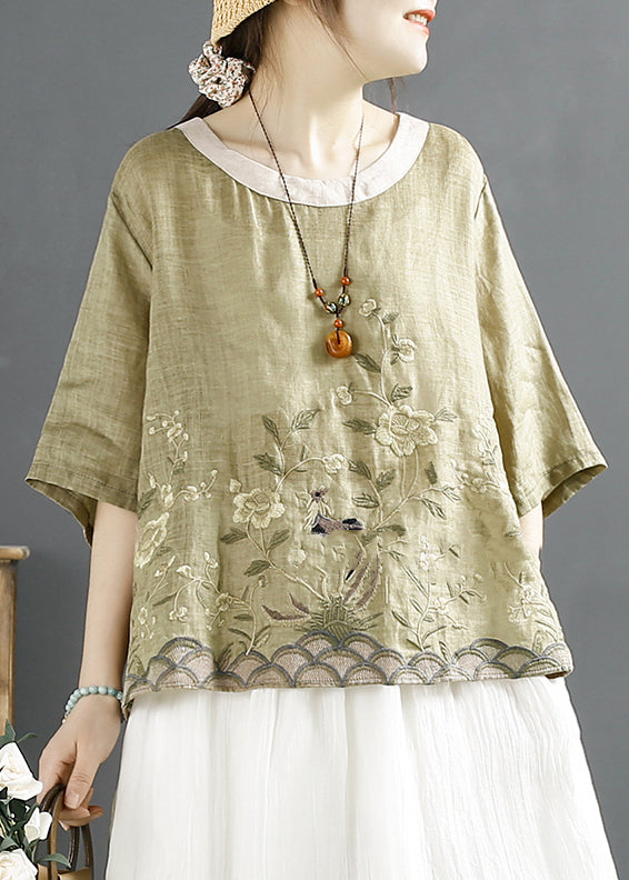 Green Low High Design Linen Shirts Embroideried Summer