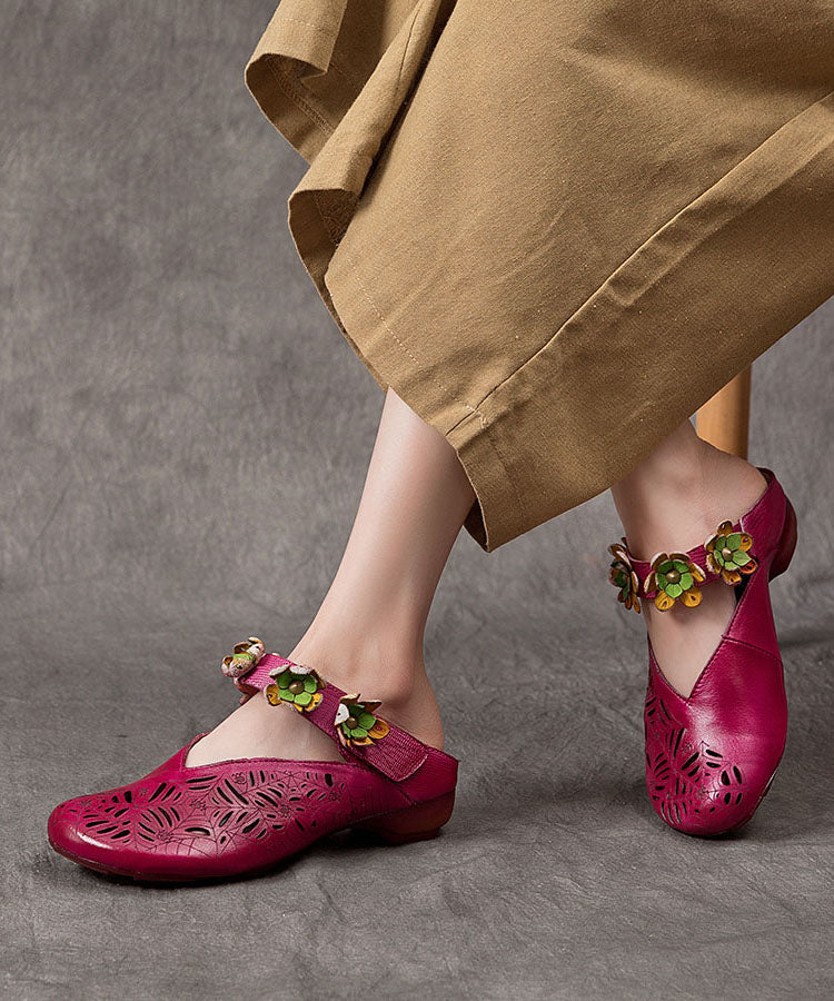 Purple Hollow Out Cowhide Leather Retro Splicing Slide Sandals