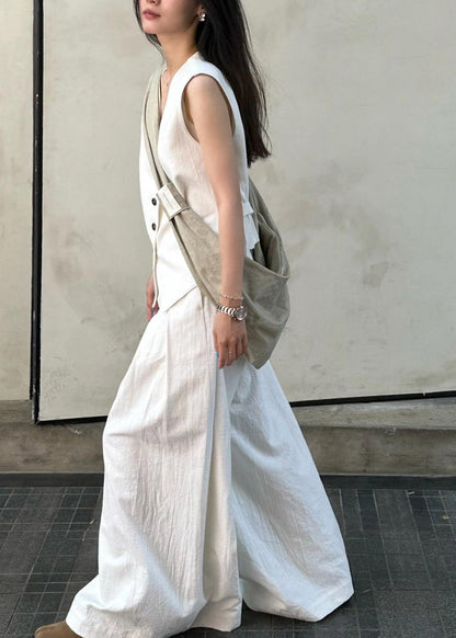 Vogue White V Neck Button Linen Waistcoat and Wide Leg Pants Two Piece Set Summer