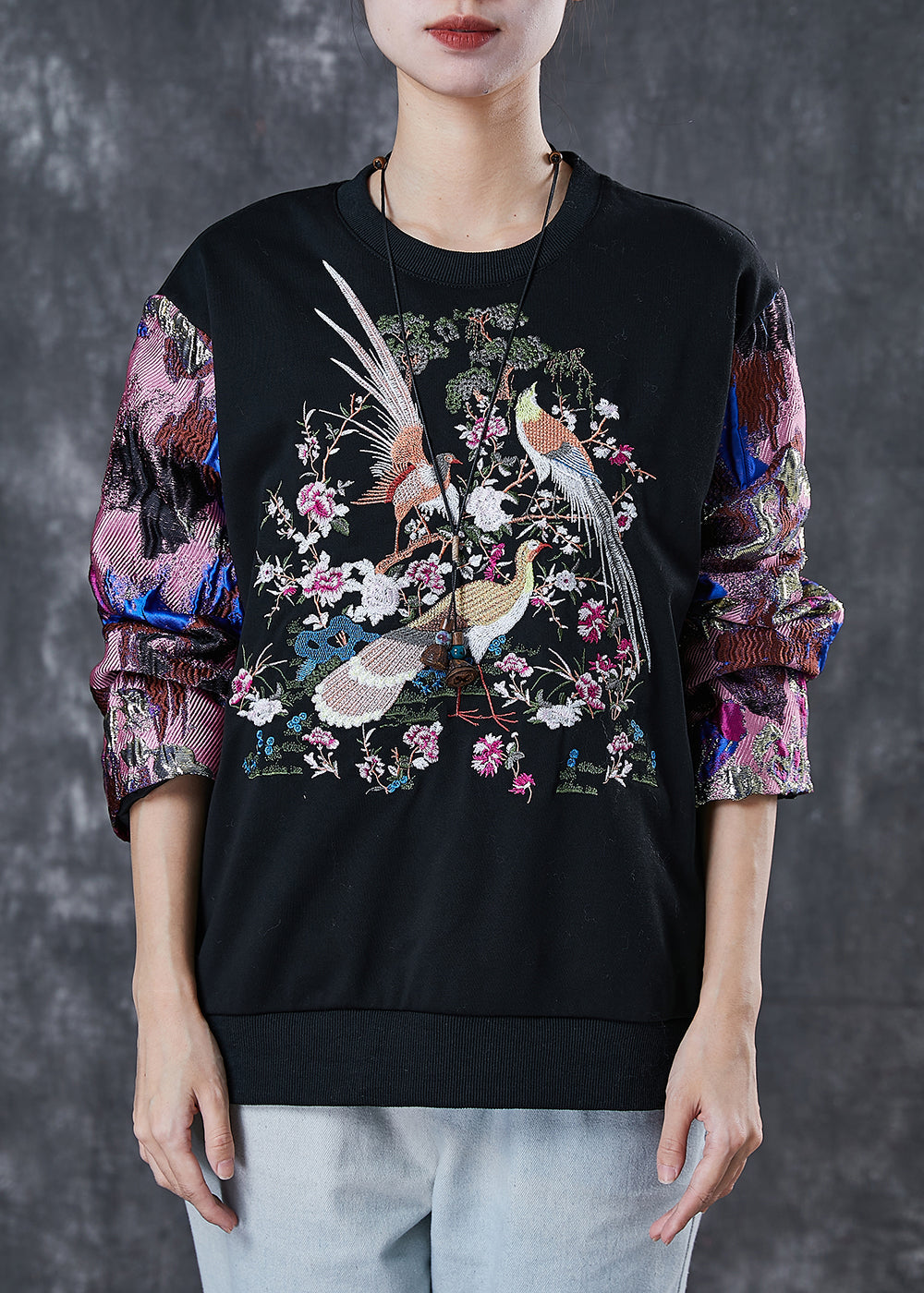Black Embroidered Patchwork Cotton Sweatshirt Spring