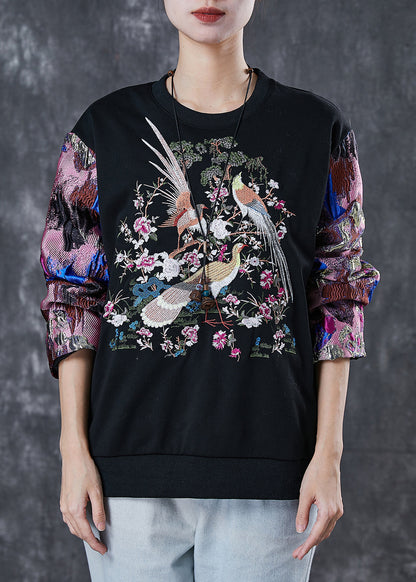 Black Embroidered Patchwork Cotton Sweatshirt Spring