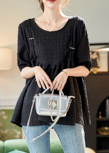 Simple Black O-neck Patchwork Chiffon T Shirts Summer