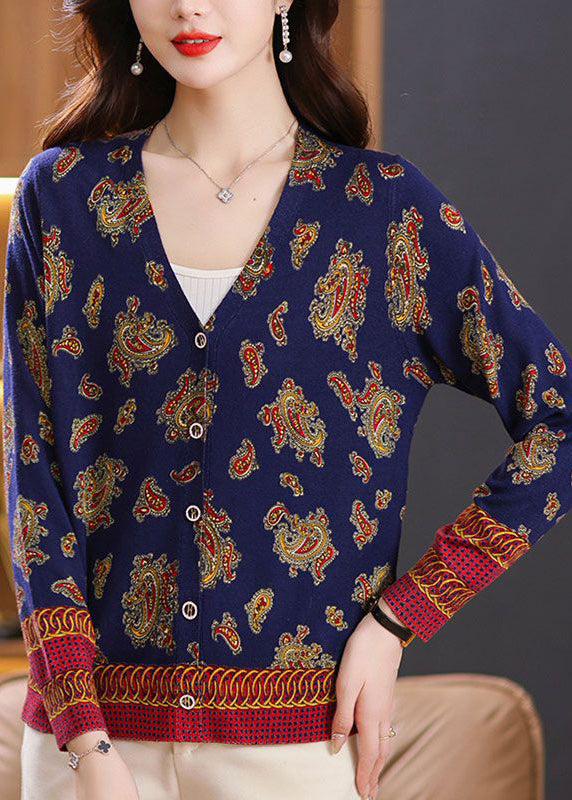 Navy Button Print Cozy Knit Cardigan Spring