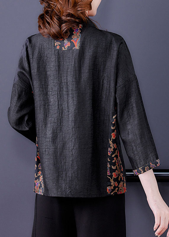Classy Black O-neck Print Patchwork Silk Shirt Spring