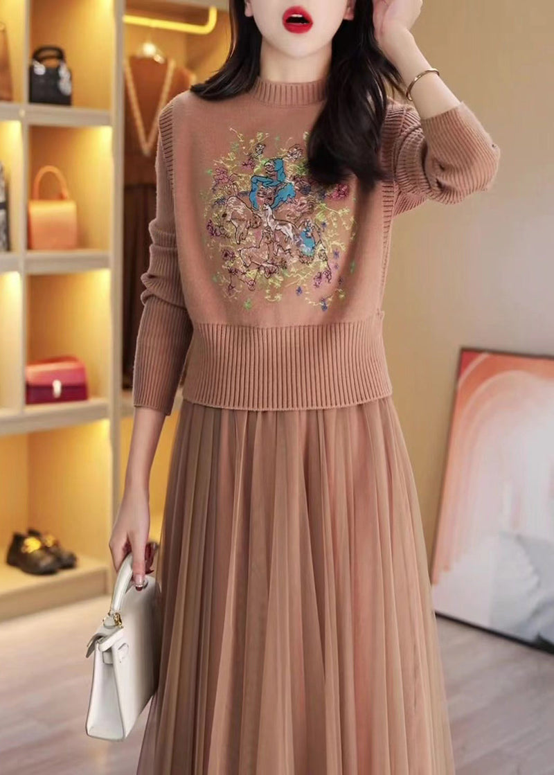 Khaki Embroidered Tulle Patchwork Knit Two Pieces Set Winter