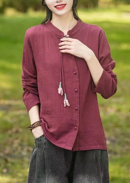 Mulberry Stand Collar Tasseled Patchwork Cotton Shirts Fall
