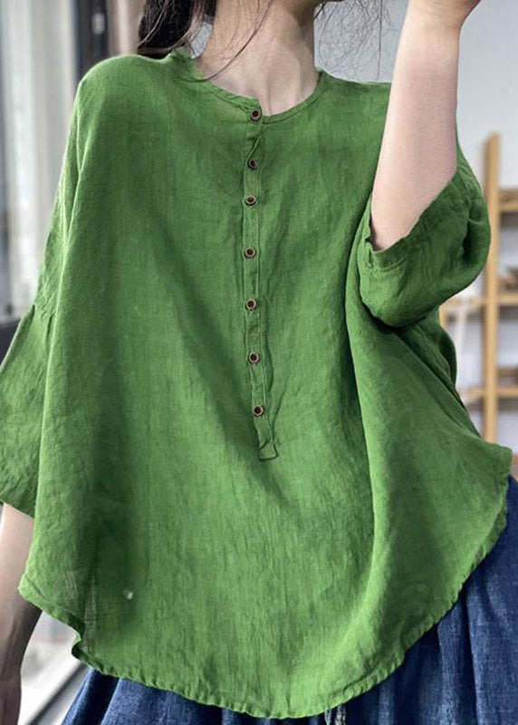 Green Button Side Open Cotton Blend Top Three Quarter Sleeve