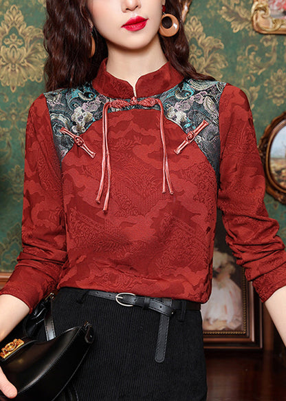 Boutique Red Stand Collar Embroidered Button Top Spring