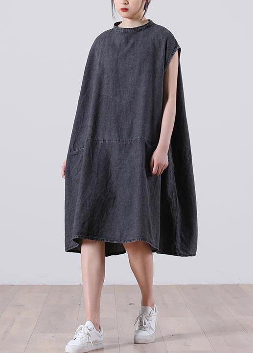 Grey Sleeveless Pockets Loose Vacation Summer Cotton Dress